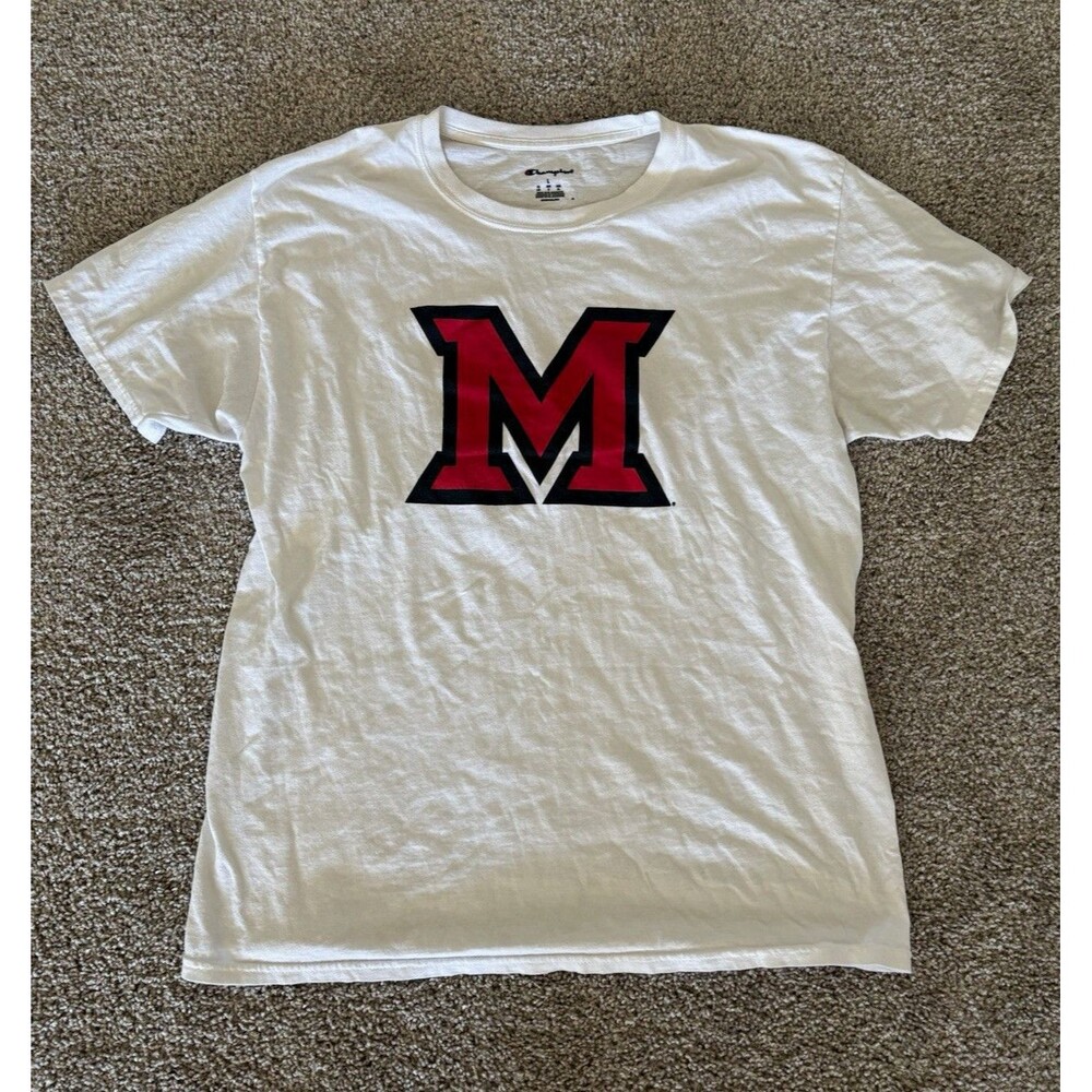 Champion University of Miami NCAA White T-Shirt w/ Red/Black Logo Mens L